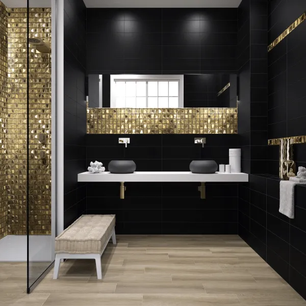 Projekt czarno złotej łazienki